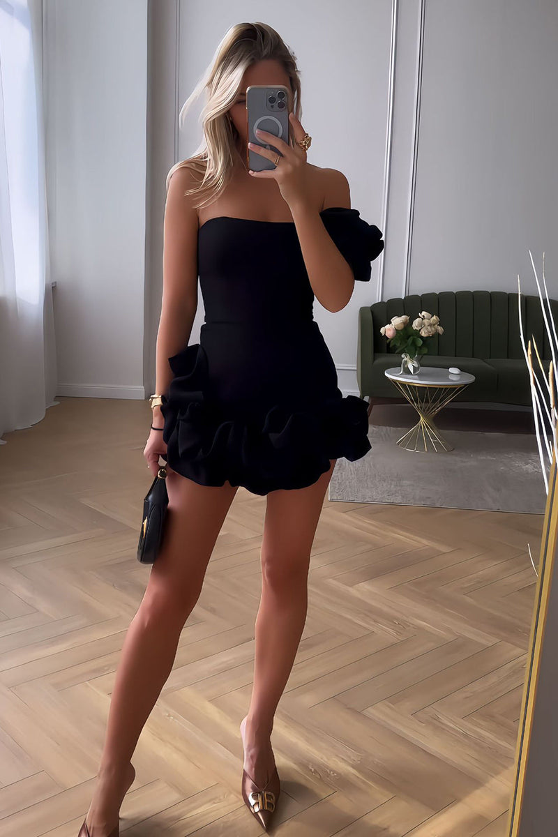 Load image into Gallery viewer, Black One Shoulder Tight Homecoming Dress with Ruffles