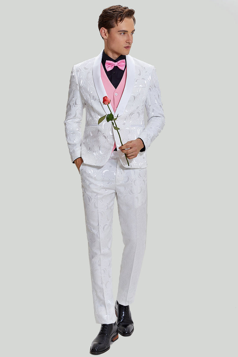 Load image into Gallery viewer, White Jacquard Satin 2 Piece Shawl Lapel Men&#39;s Prom Suits