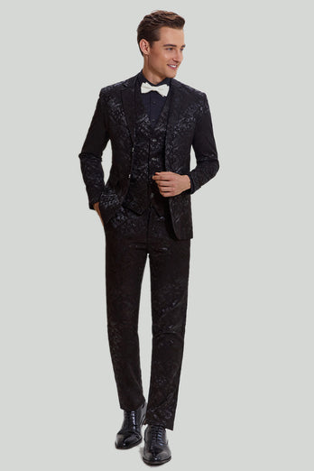 Black 3 Piece Jacquard Notched Lapel Men's Suit