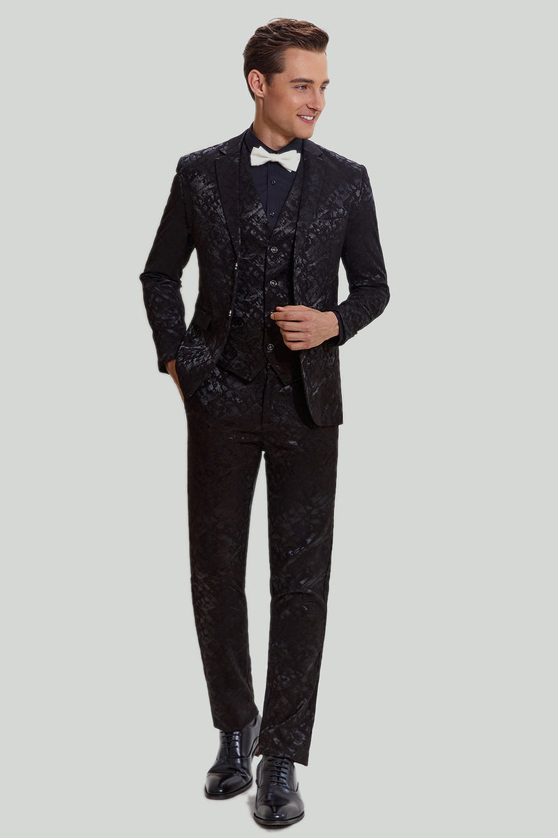 Load image into Gallery viewer, Black 3 Piece Jacquard Notched Lapel Men&#39;s Suit