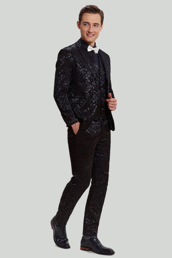 Black 3 Piece Jacquard Notched Lapel Men's Suit