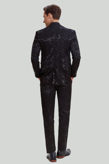 Black 3 Piece Jacquard Notched Lapel Men's Suit