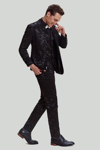 Black 3 Piece Jacquard Notched Lapel Men's Suit