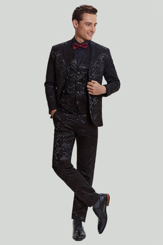 Black 3 Piece Jacquard Notch Lapel Men's Suit