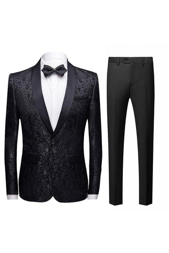 Black Jacquard Shawl Lapel Men's 2 Piece Suits