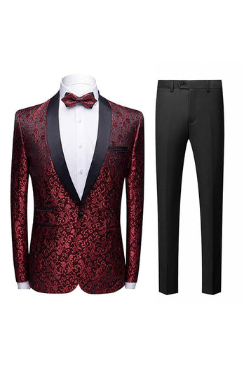 Black Jacquard Shawl Lapel Men's 2 Piece Suits