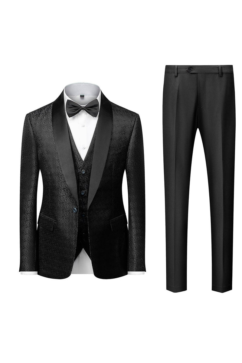 Load image into Gallery viewer, Black Shawl Lapel Jacquard 3 Pieces Men&#39;s Suits