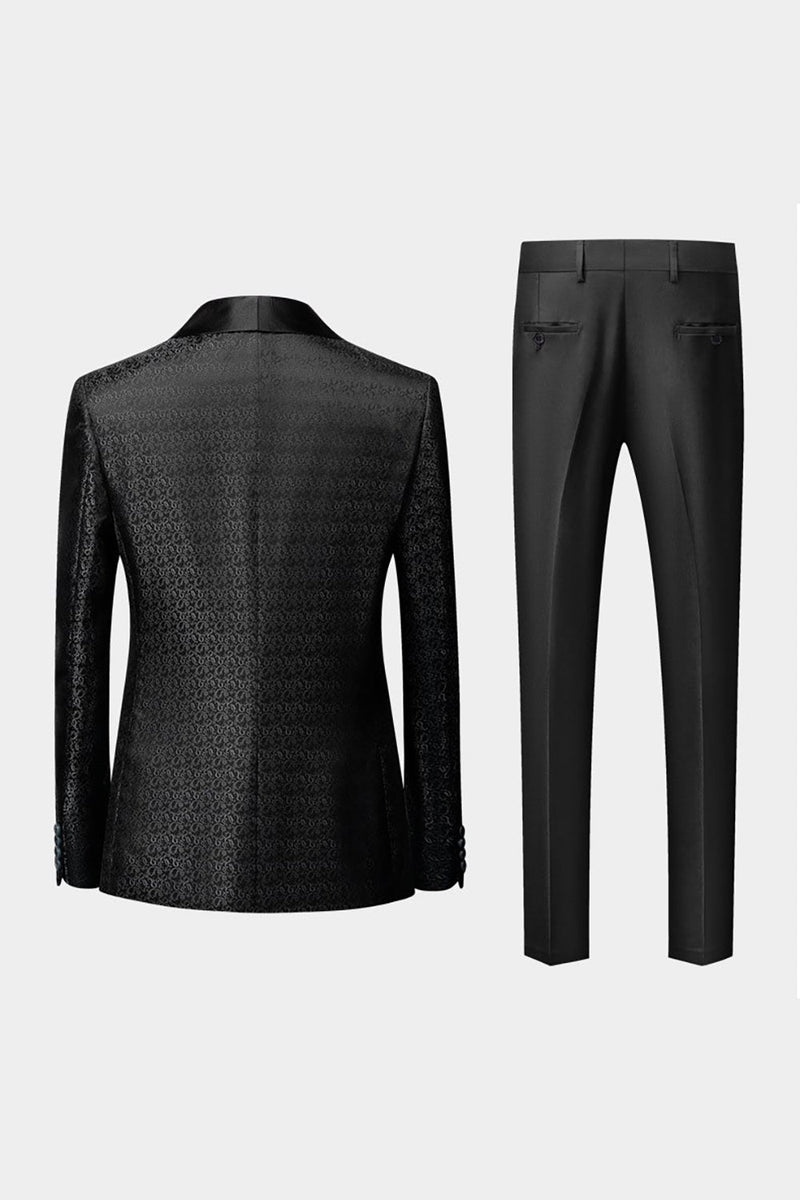 Load image into Gallery viewer, Black Shawl Lapel Jacquard 3 Pieces Men&#39;s Suits