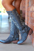 Load image into Gallery viewer, Blue Embroidered Cowgirl Boho Mid Calf Boots