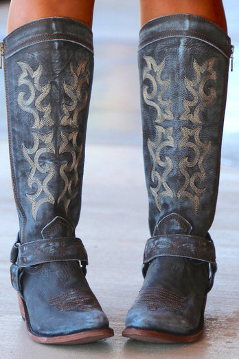 Blue Embroidered Cowgirl Boho Mid Calf Boots