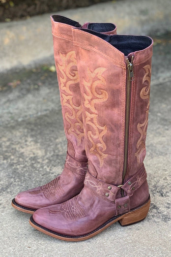 Blue Embroidered Cowgirl Boho Mid Calf Boots