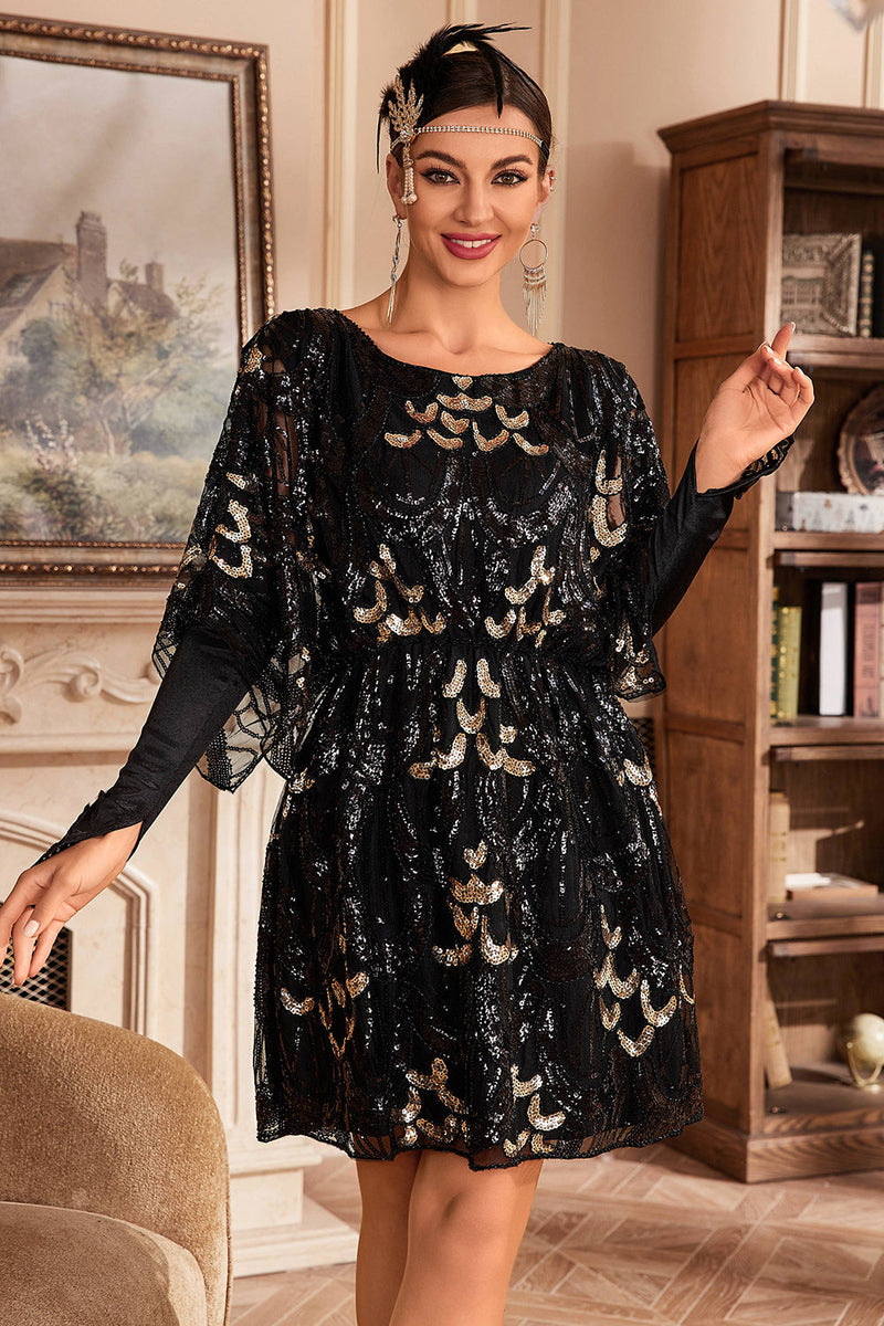 Load image into Gallery viewer, Black Sequins Flapper Dress with Batwing Sleeves