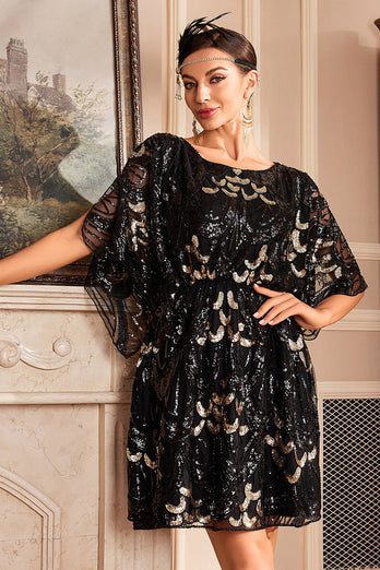 Black Sequins Flapper Dress with Batwing Sleeves