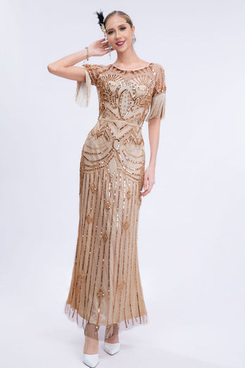 Fringes Glitter Long Flapper Dress with Short Sleeves