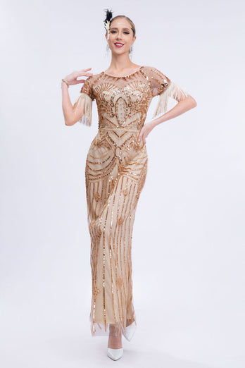 Fringes Glitter Long Flapper Dress with Short Sleeves