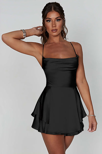 Black Halter Lace- Up Back Graduation Dress