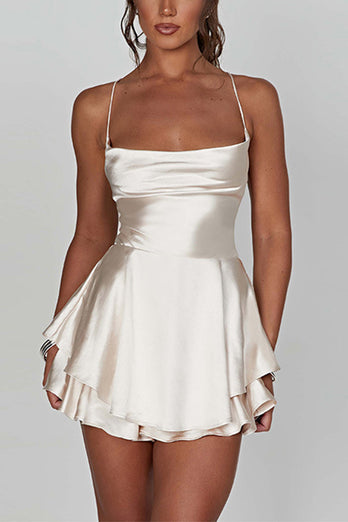 White Halter Lace- Up Back Graduation Dress