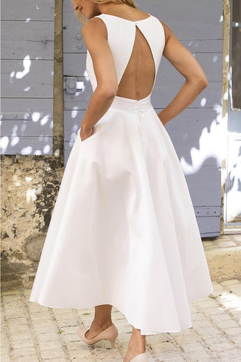 White V-Neck Graduation Dress with Open Back