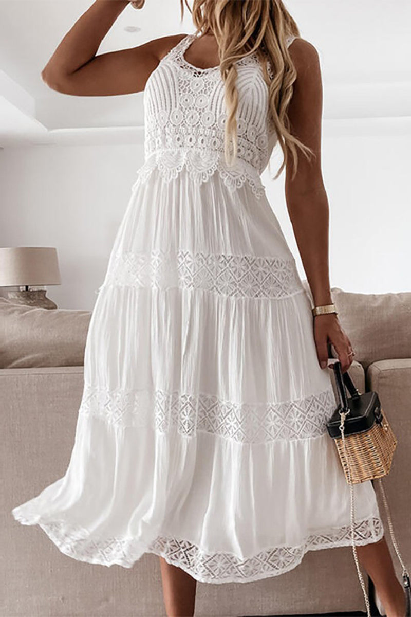 Load image into Gallery viewer, White Scoop Neck Graduation Dress with Lace