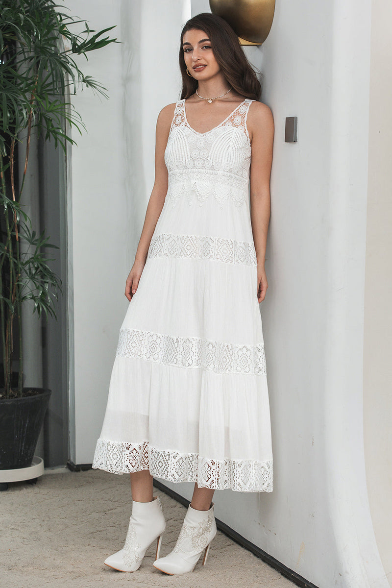 Load image into Gallery viewer, Simple Tea-length Lace White Sleeveless Boho Beach Holiday Dress