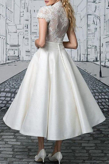 White V-Neck Graduation Dress with Lace