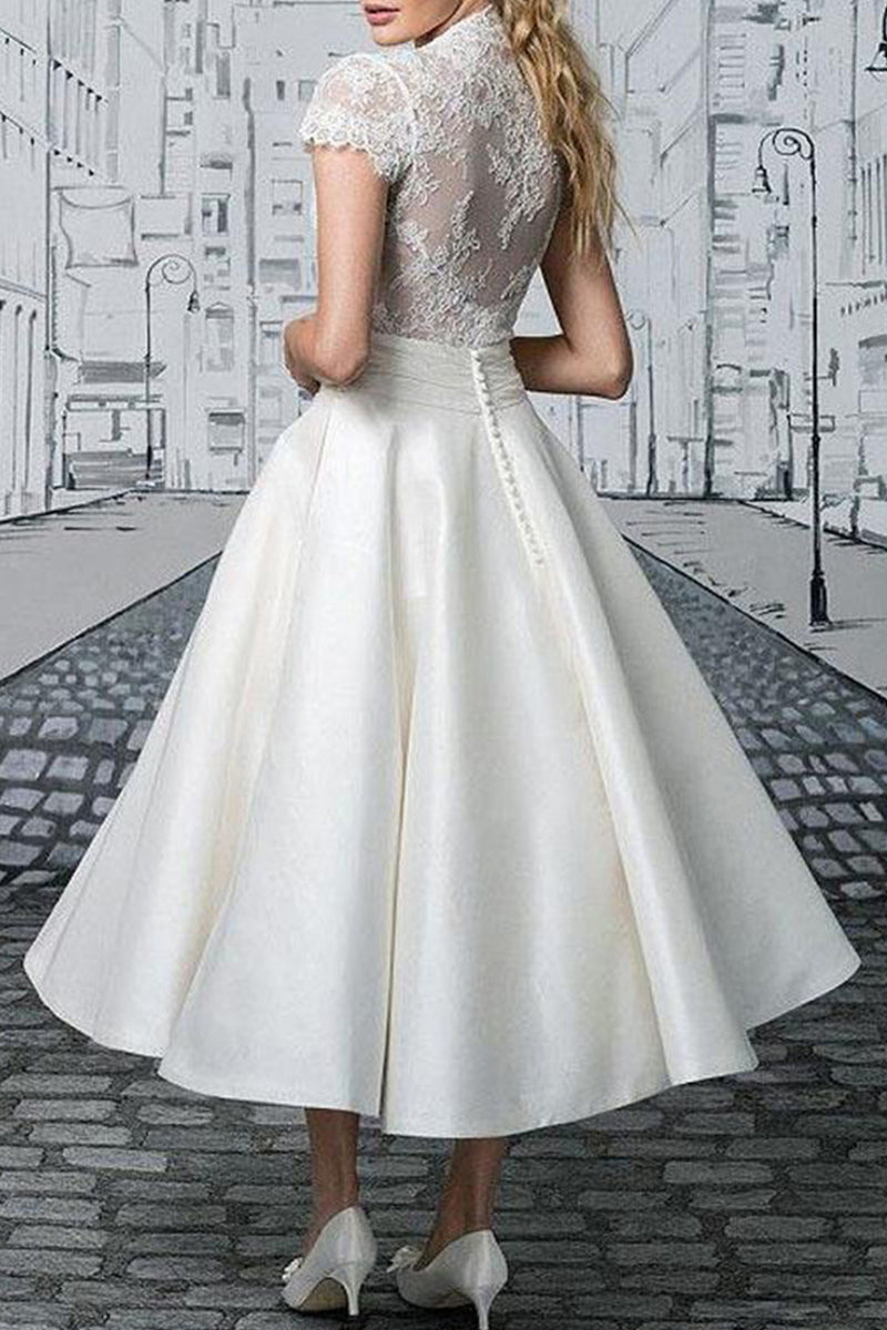 Load image into Gallery viewer, White V-Neck Graduation Dress with Lace