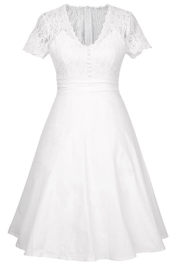 White V-Neck Graduation Dress with Lace