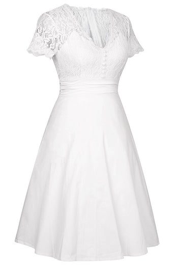 White V-Neck Graduation Dress with Lace