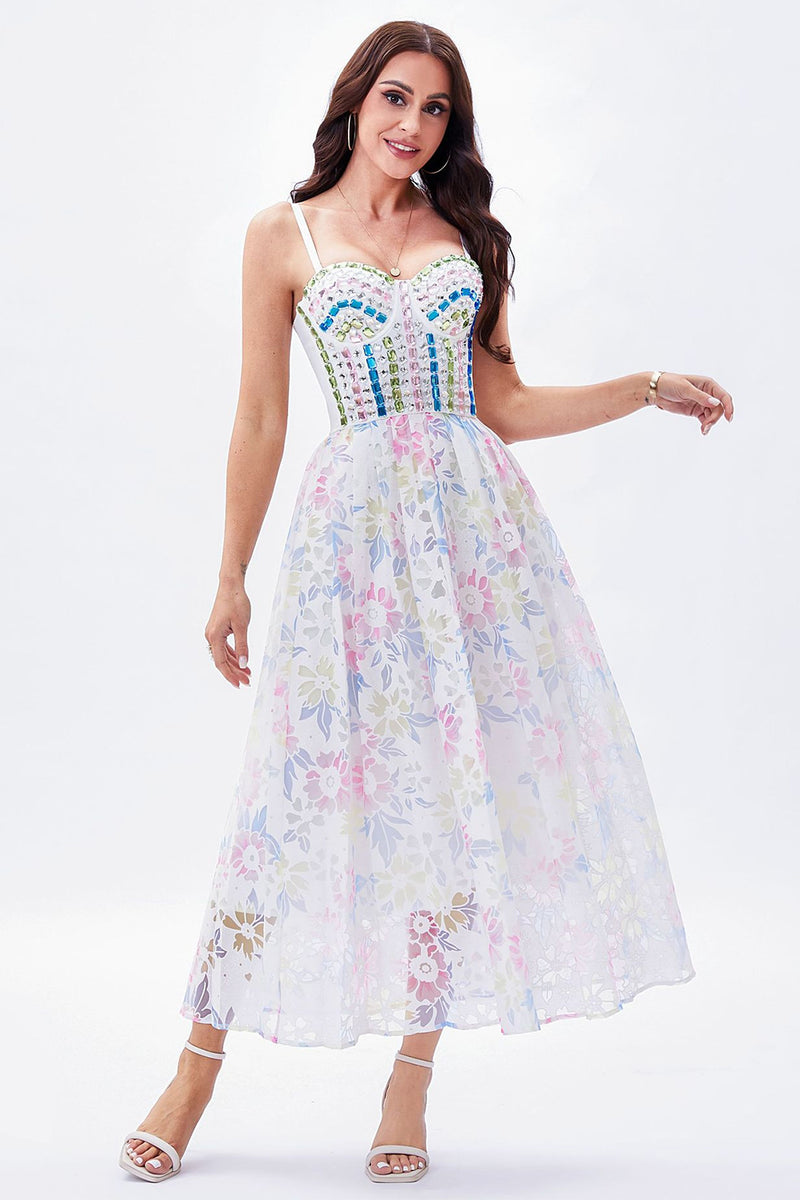 Load image into Gallery viewer, Spaghetti Straps White Printed Flower Graduation Dress with Beading