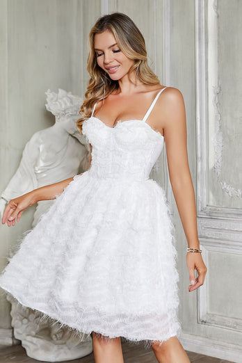 White Spaghetti Straps Corset Graduation Dress with Feather