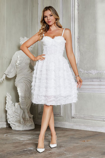 White Spaghetti Straps Corset Graduation Dress with Feather