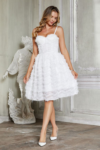 White Spaghetti Straps Corset Graduation Dress with Feather