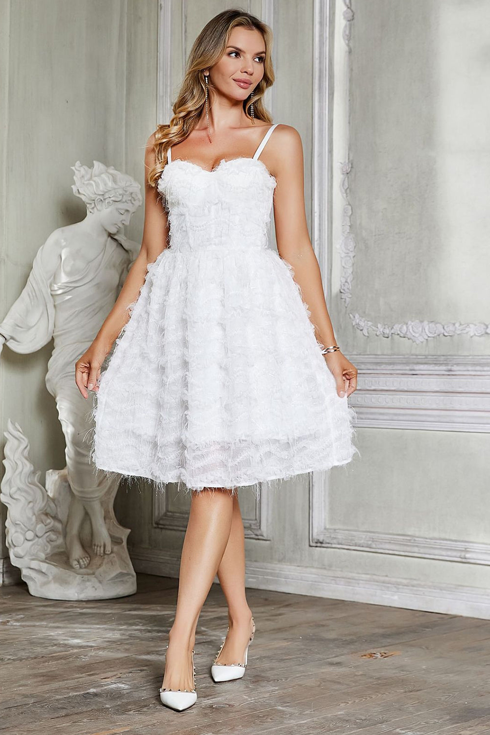 White Spaghetti Straps Corset Graduation Dress with Feather