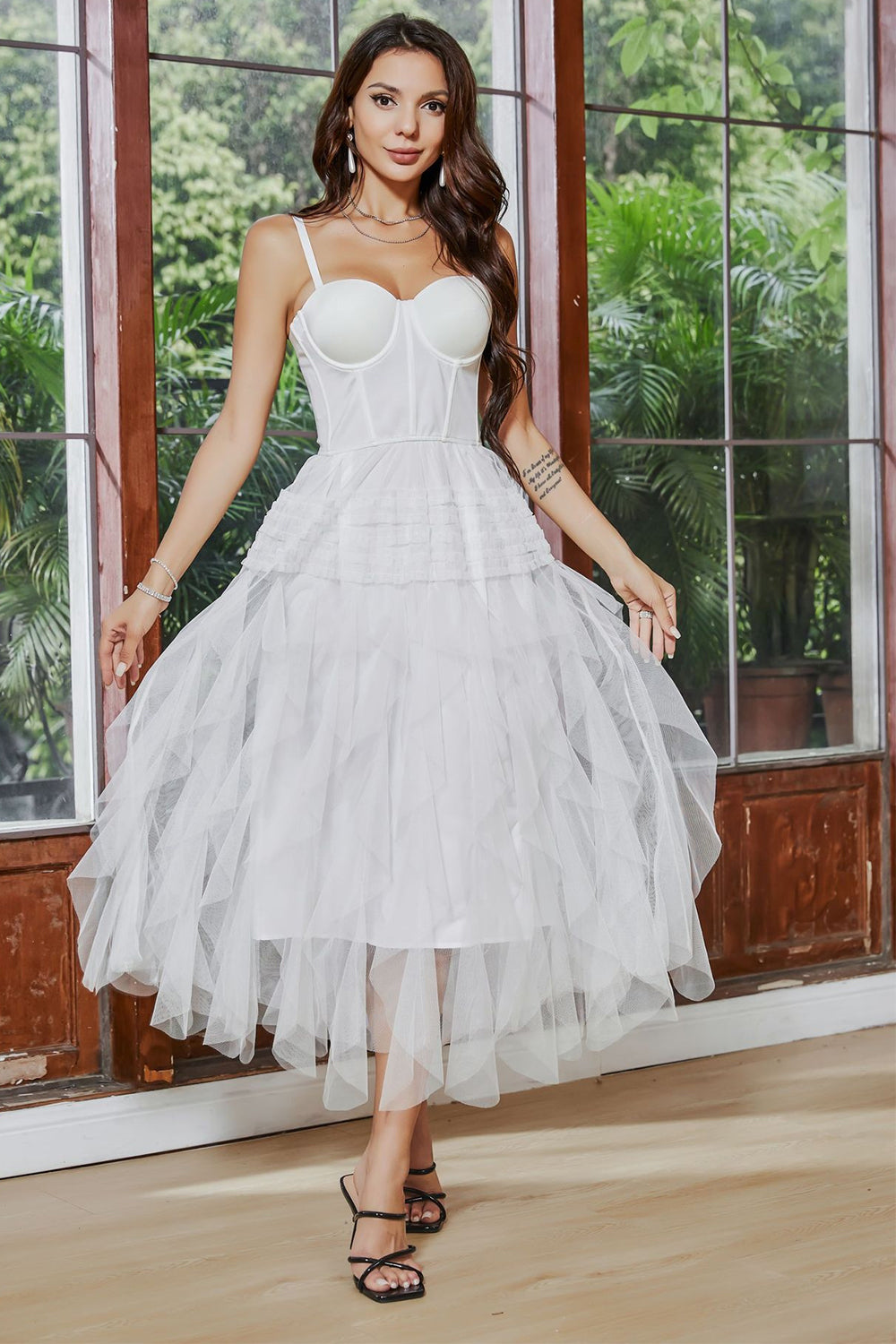 Tulle Spaghetti Straps White Corset Graduation Dress