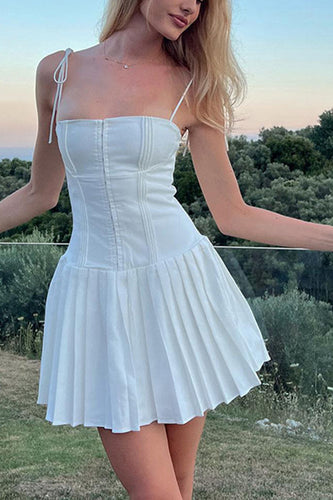 Spaghetti Straps White Pleated Corset Graduation Dress