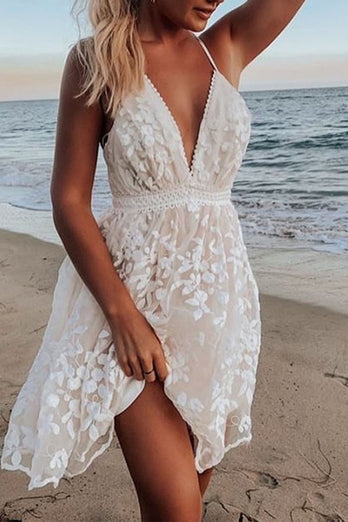 Printed Flower V-Neck  Backless Graduation Dress with Lace