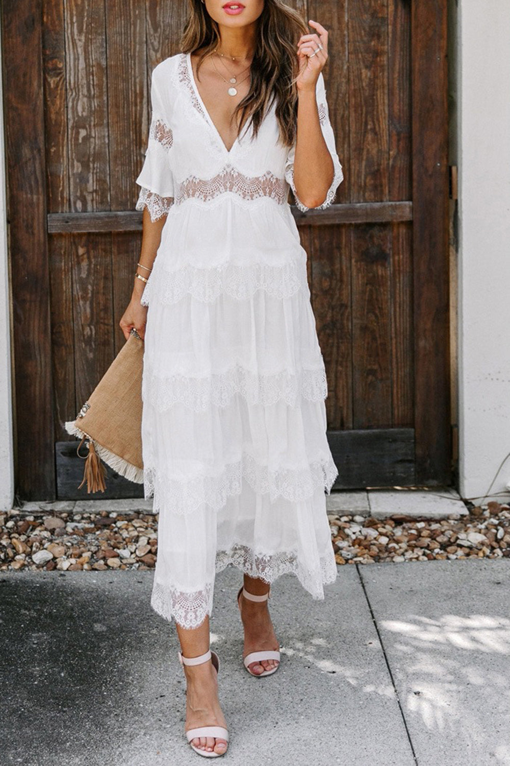 White V-Neck Tiered Graduation Dress with Half sleeves