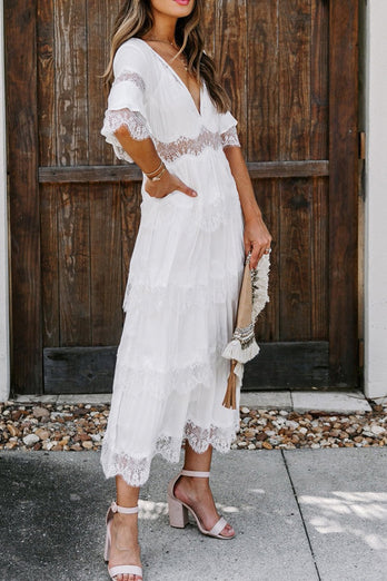 White V-Neck Tiered Graduation Dress with Half sleeves