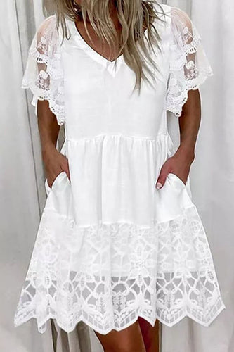 White V-Neck Short Sleeves Graduation Dress with Lace