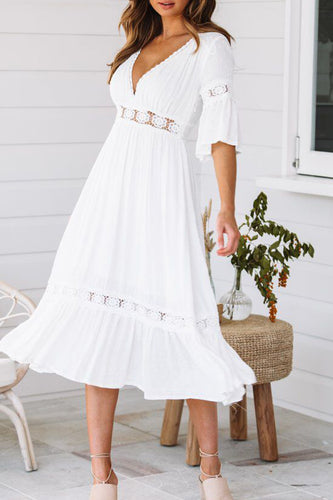 V-Neck White Ruched Graduation Dress with Half sleeves