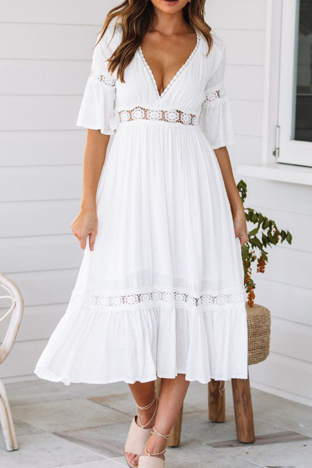 V-Neck White Ruched Graduation Dress with Half sleeves