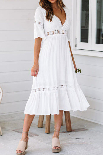 V-Neck White Ruched Graduation Dress with Half sleeves