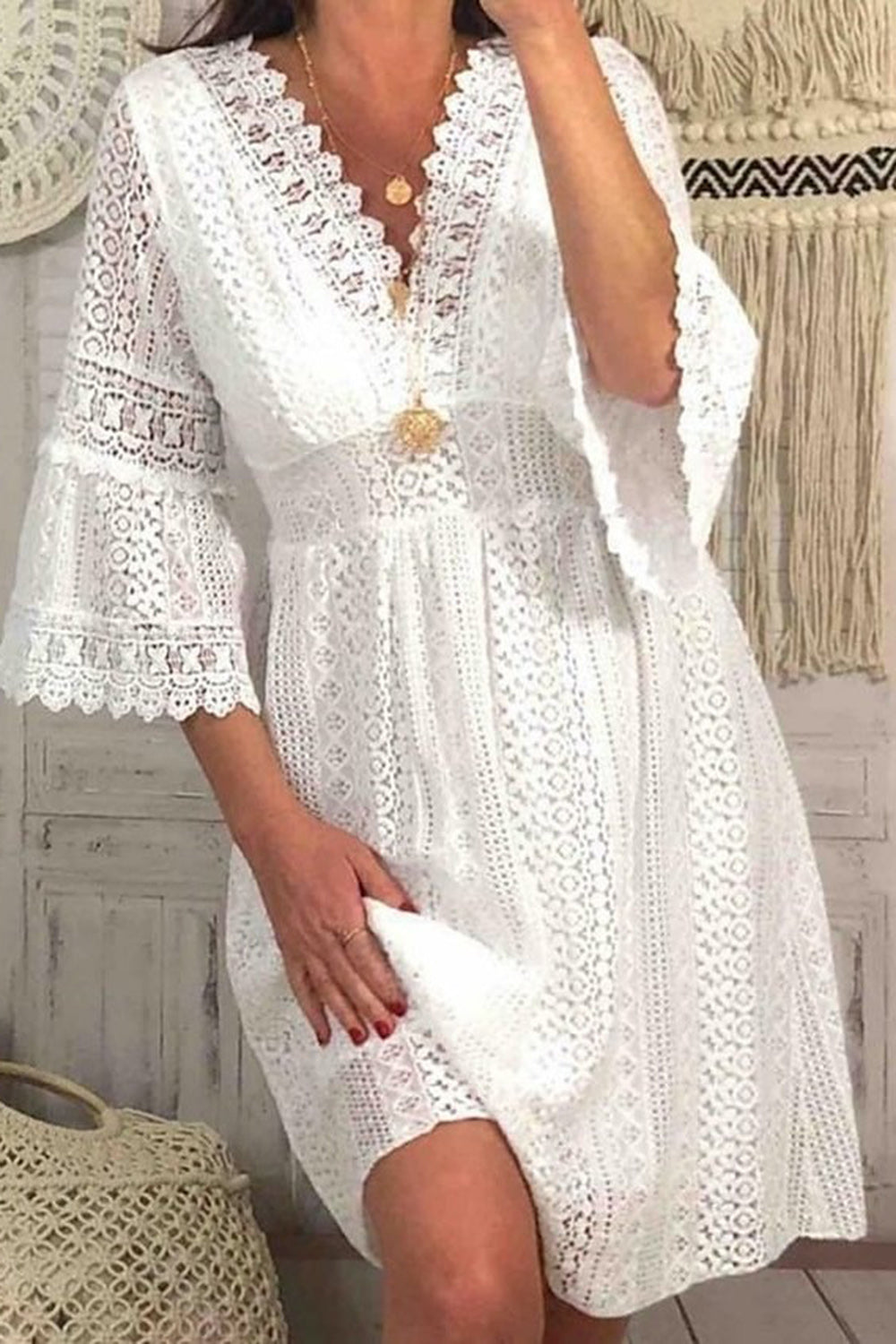 Flare Sleeves White V-Neck Graduation Dress with Lace