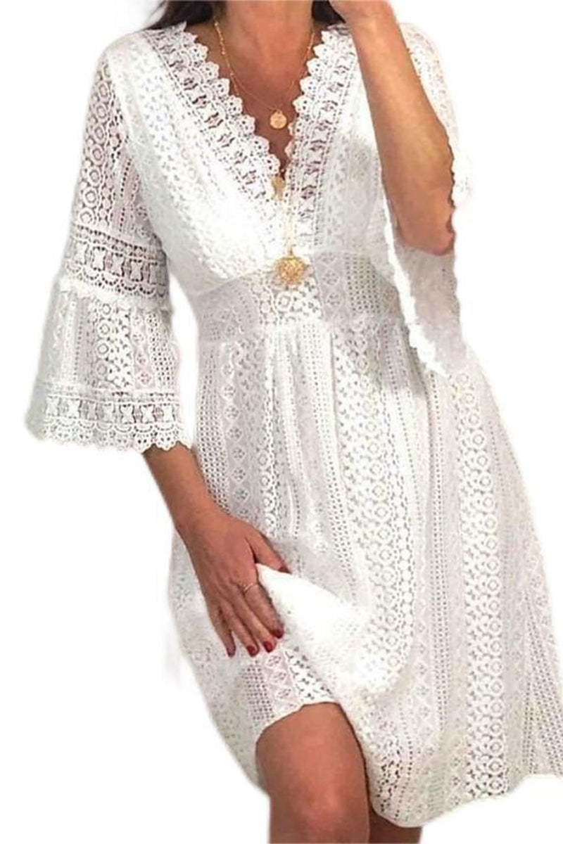 Load image into Gallery viewer, Flare Sleeves White V-Neck Graduation Dress with Lace