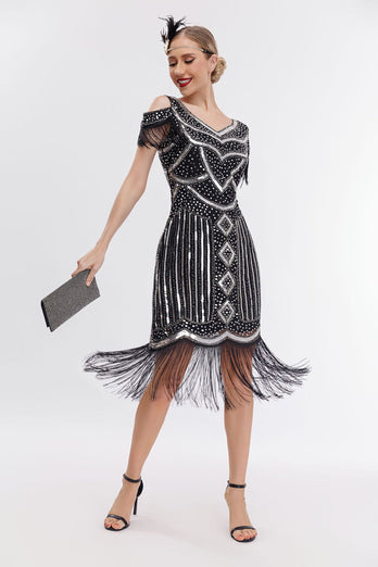 Black Golden Cold Shoulder Fringes 1920s Gatsby Dress