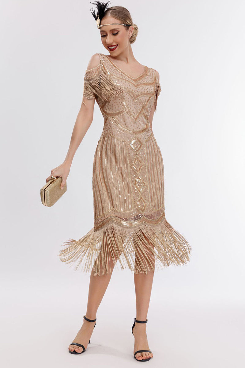 Load image into Gallery viewer, Black Golden Cold Shoulder Fringes 1920s Gatsby Dress