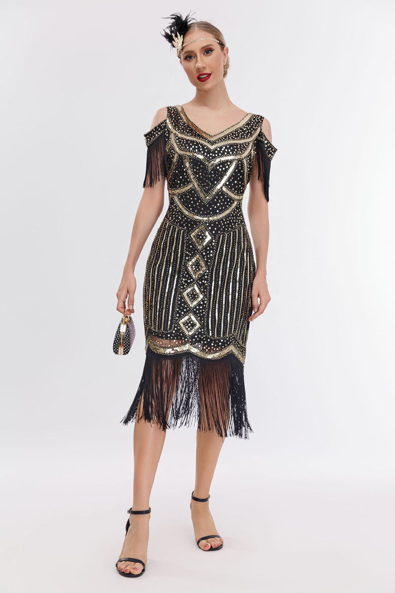 Load image into Gallery viewer, Black Golden Cold Shoulder Fringes 1920s Gatsby Dress