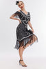 Load image into Gallery viewer, Black Golden Cold Shoulder Fringes 1920s Gatsby Dress