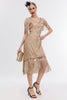 Load image into Gallery viewer, Black Golden Cold Shoulder Fringes 1920s Gatsby Dress