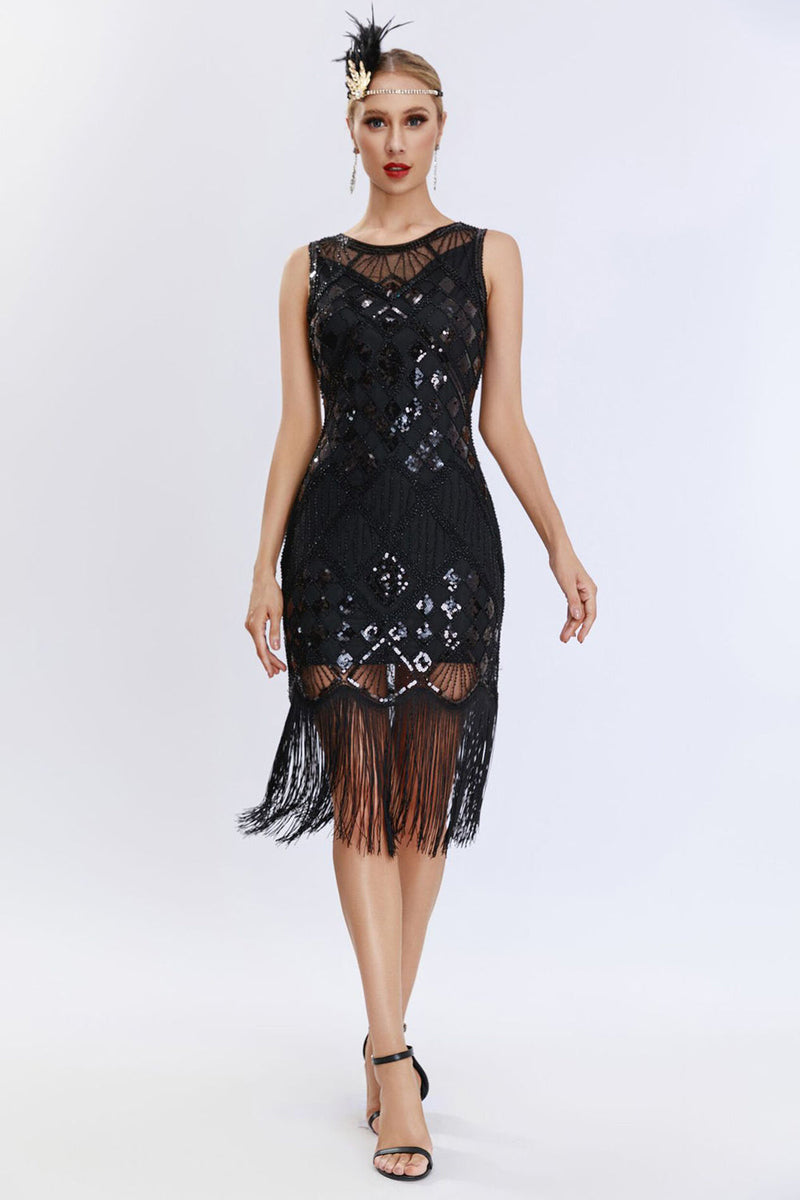 Load image into Gallery viewer, Sparkly Black Fringed 1920s Gatsby Dress